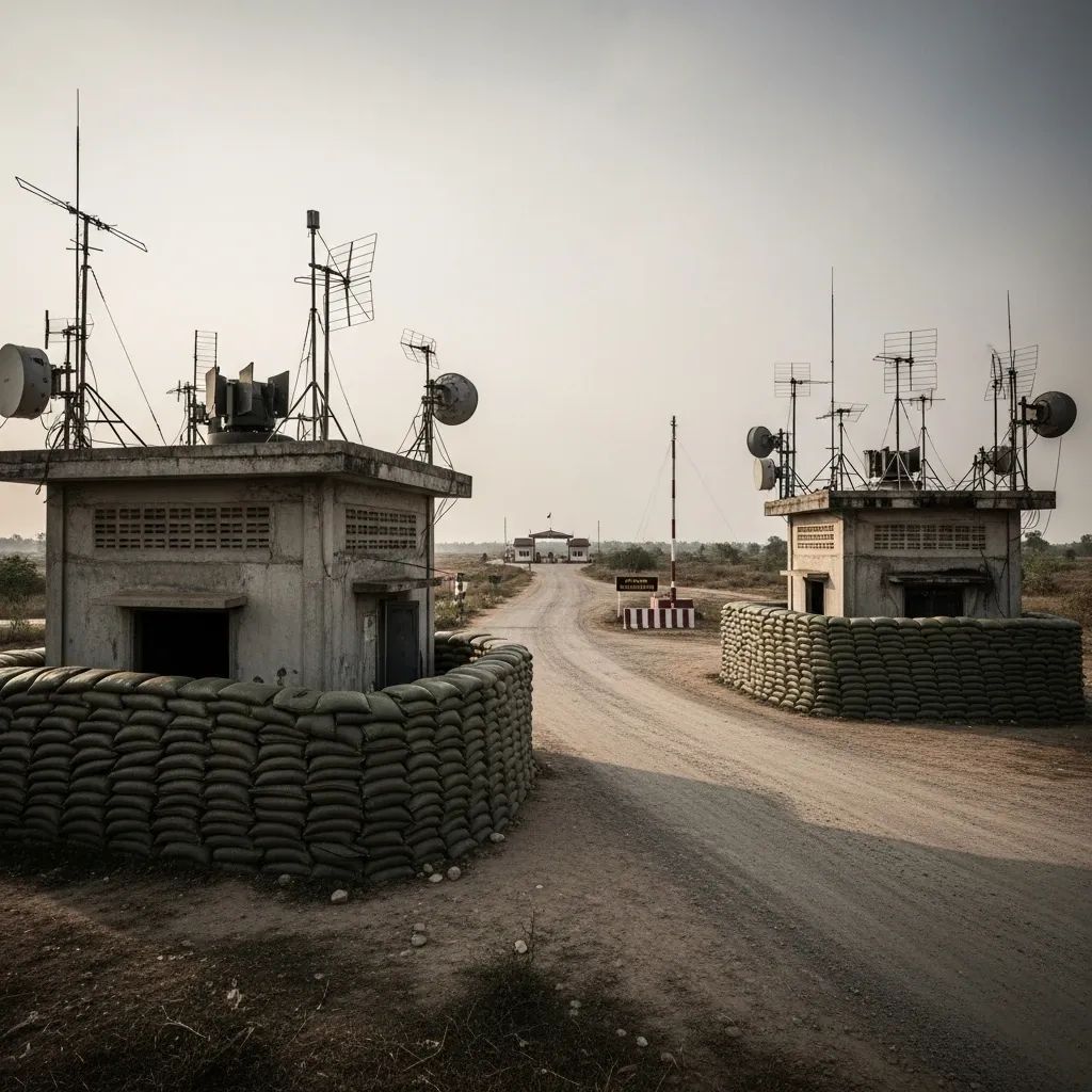 Fortified buildings with sandbags and antennas along the Thai-Cambodian border road
