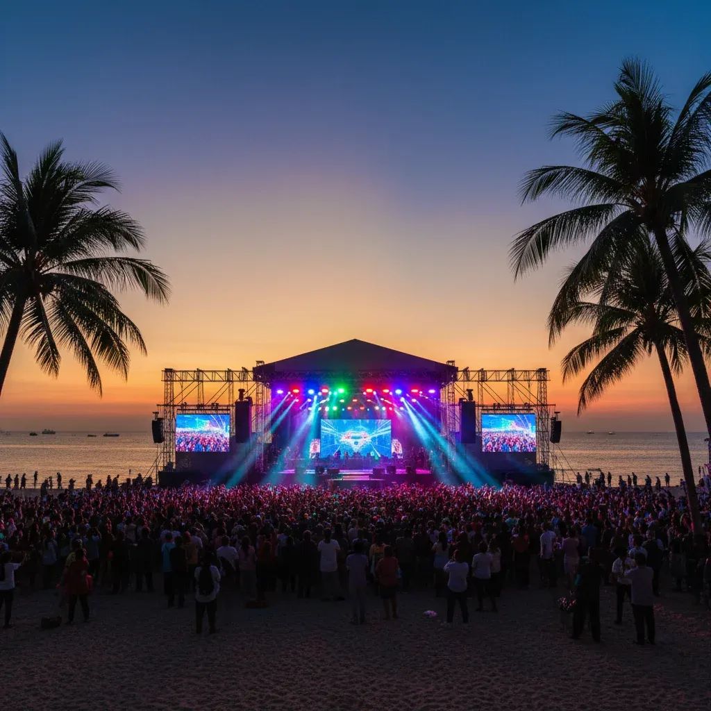 Evening beach concert stage with colorful lights and silhouetted crowd at Pattaya Beach