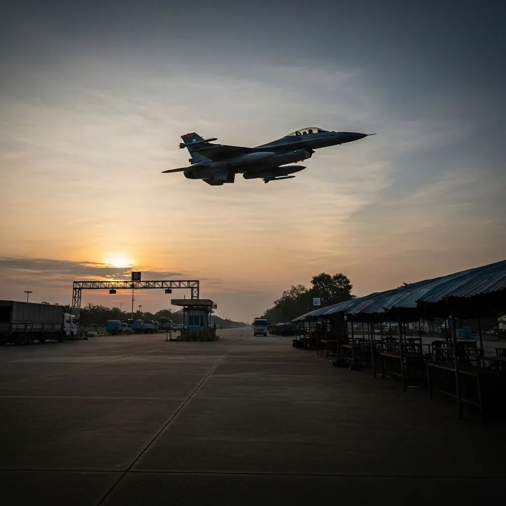 Low-flying F-16 jet over deserted Poipet border checkpoint at dawn