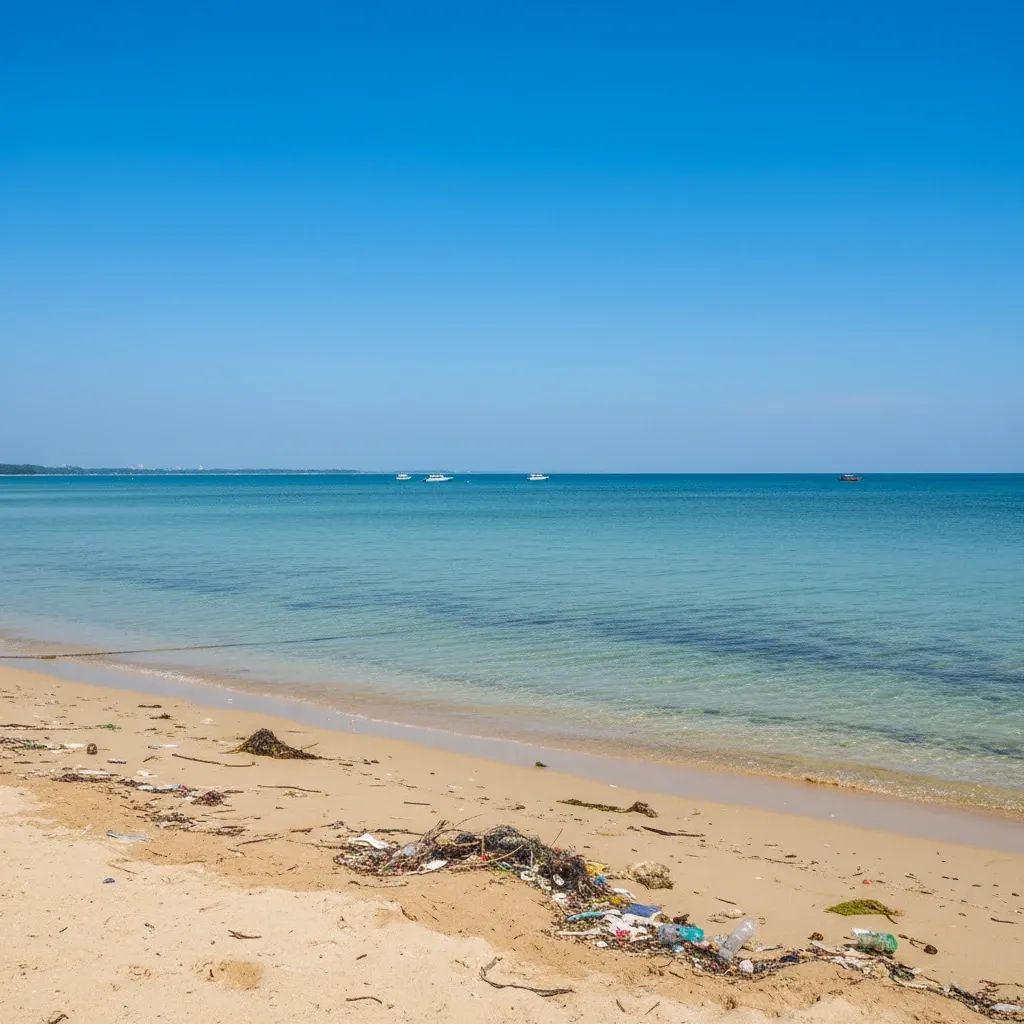 Pattaya Beach littered with trash and debris along shoreline with tourists in background