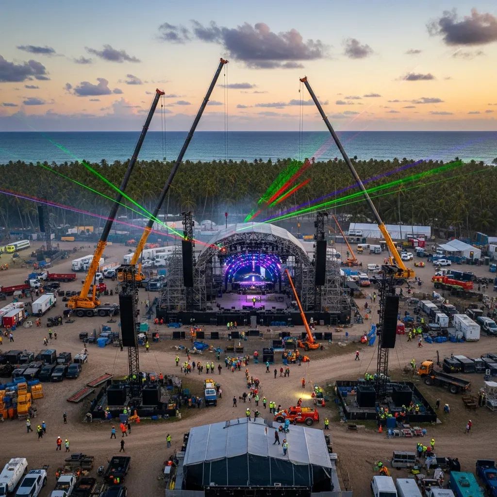 Aerial view of Tomorrowland festival stage under construction on Chonburi’s coastal plain at dusk