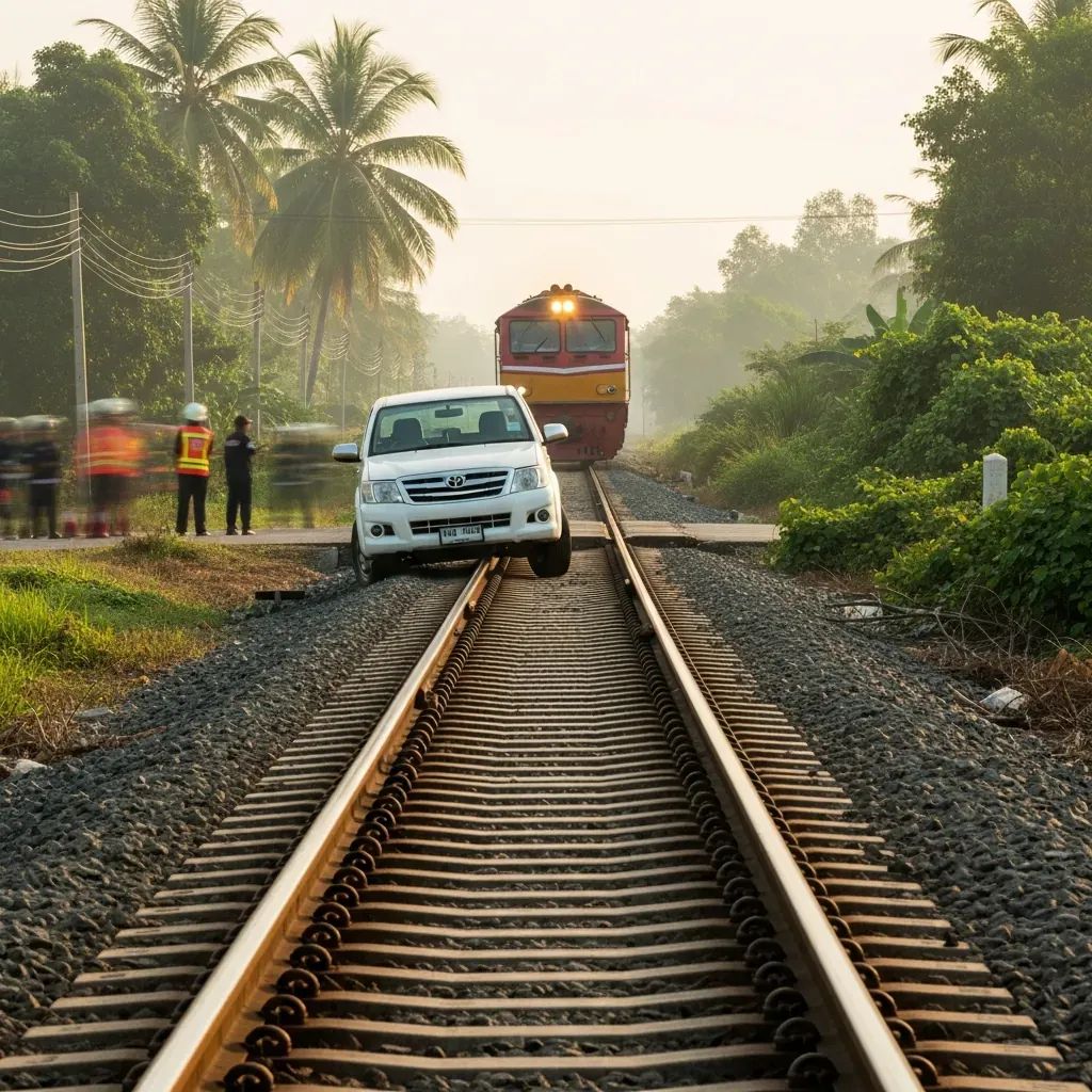 Express train approaching an ungated rural railroad crossing with a stalled pickup truck near Hat Yai