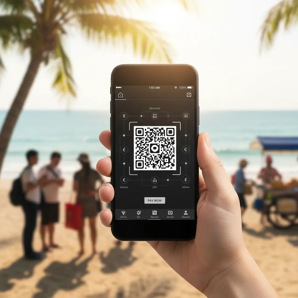 Digital payment app interface with Pattaya beach and tourists in background