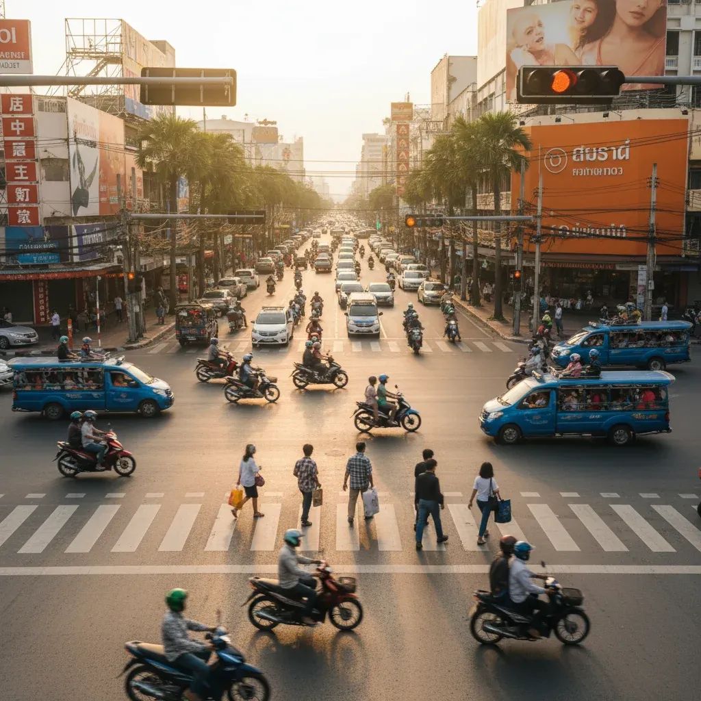Busy Pattaya street intersection with motorcycles and pedestrians at crosswalk, illustrating road safety challenges
