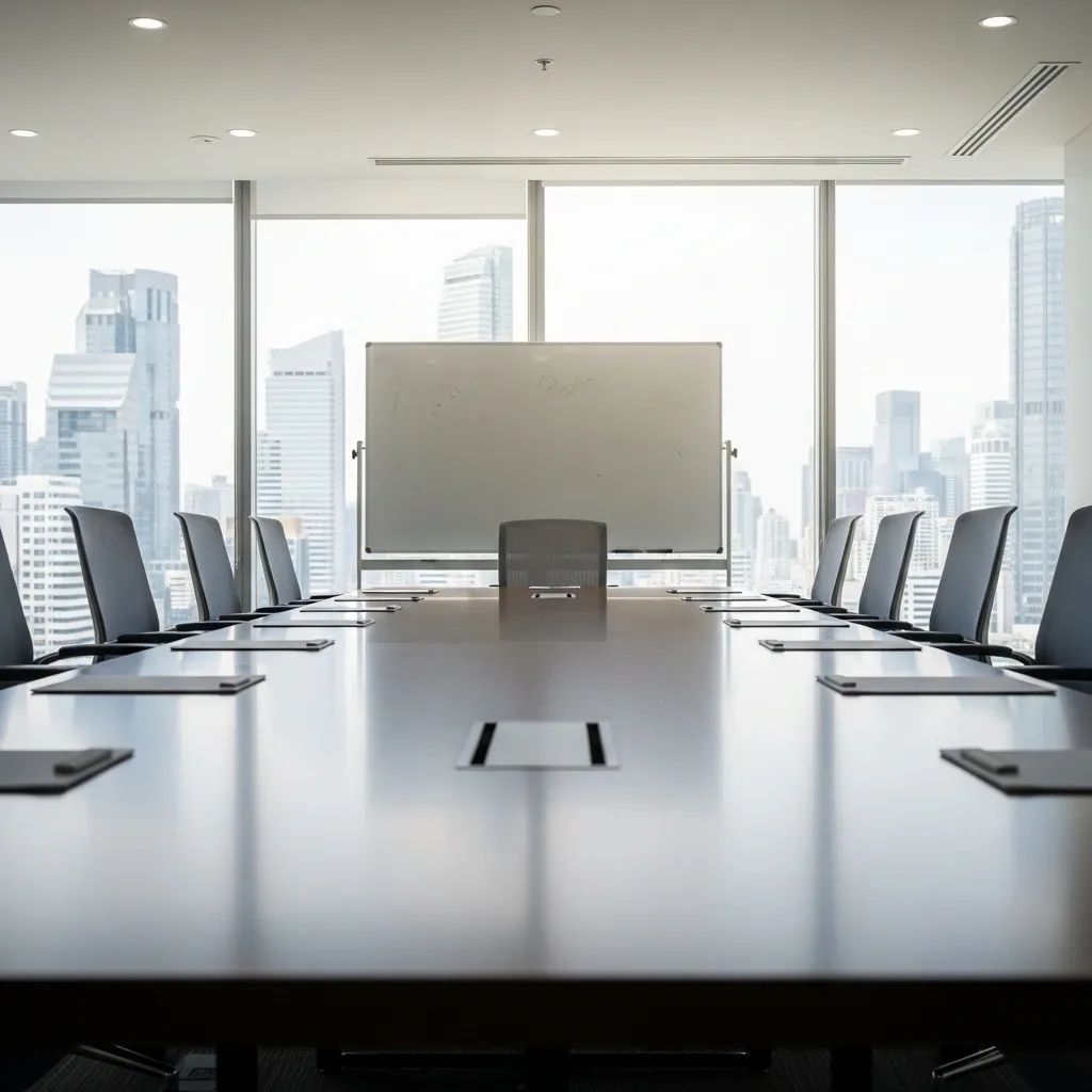 Empty conference room at Palang Pracharath headquarters with erased whiteboard and Bangkok skyline visible