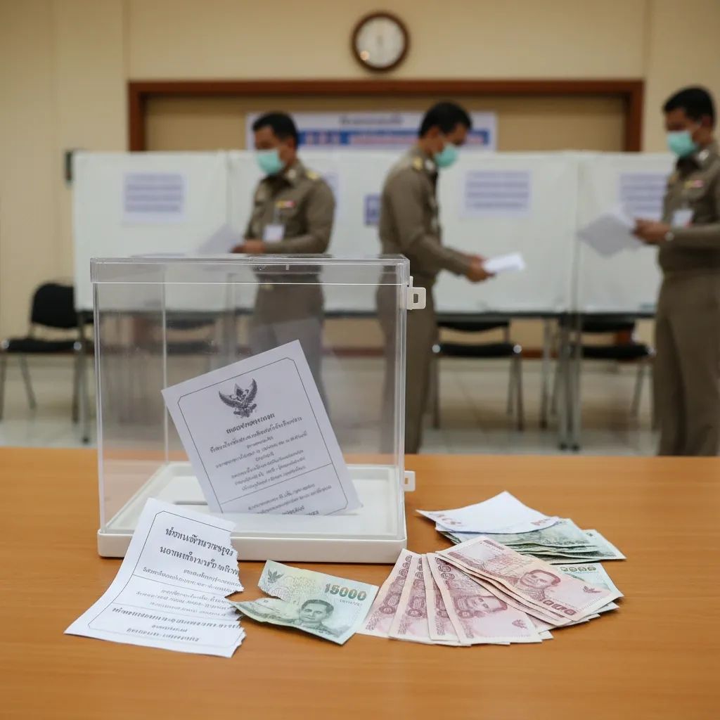 Torn ballot and Thai baht banknotes beside a ballot box in a polling station