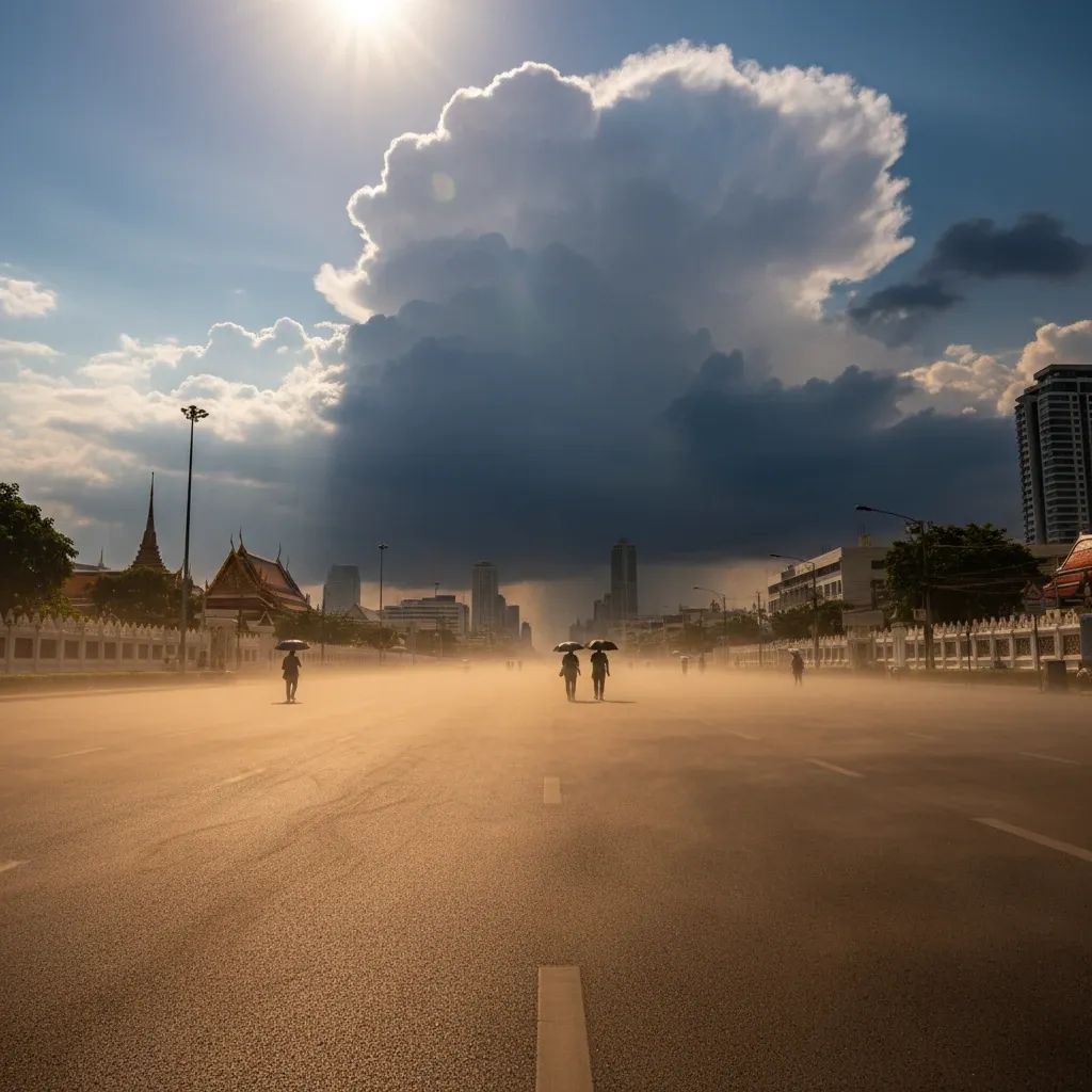 Heat-hazed Bangkok street under blazing sun with looming dark storm clouds
