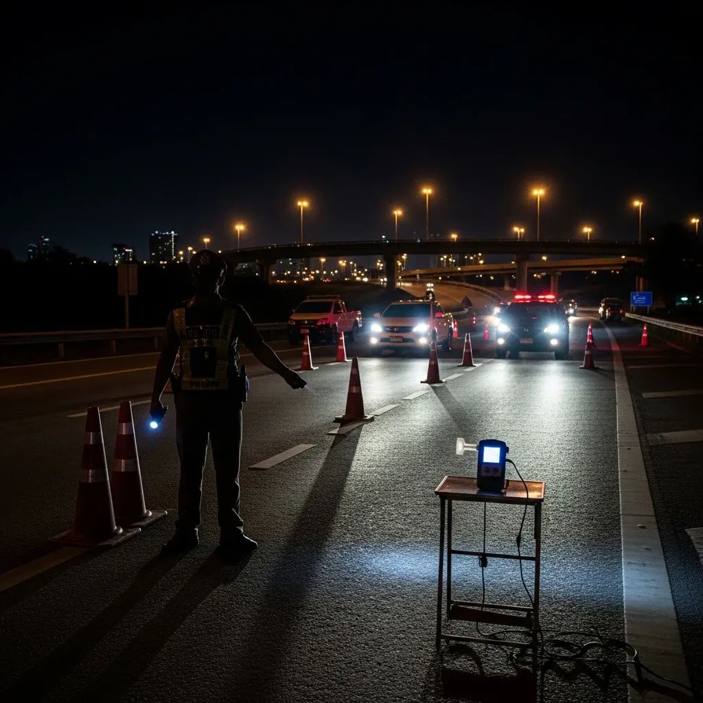 Nighttime Thai highway police checkpoint with cars lined up for breathalyzer tests
