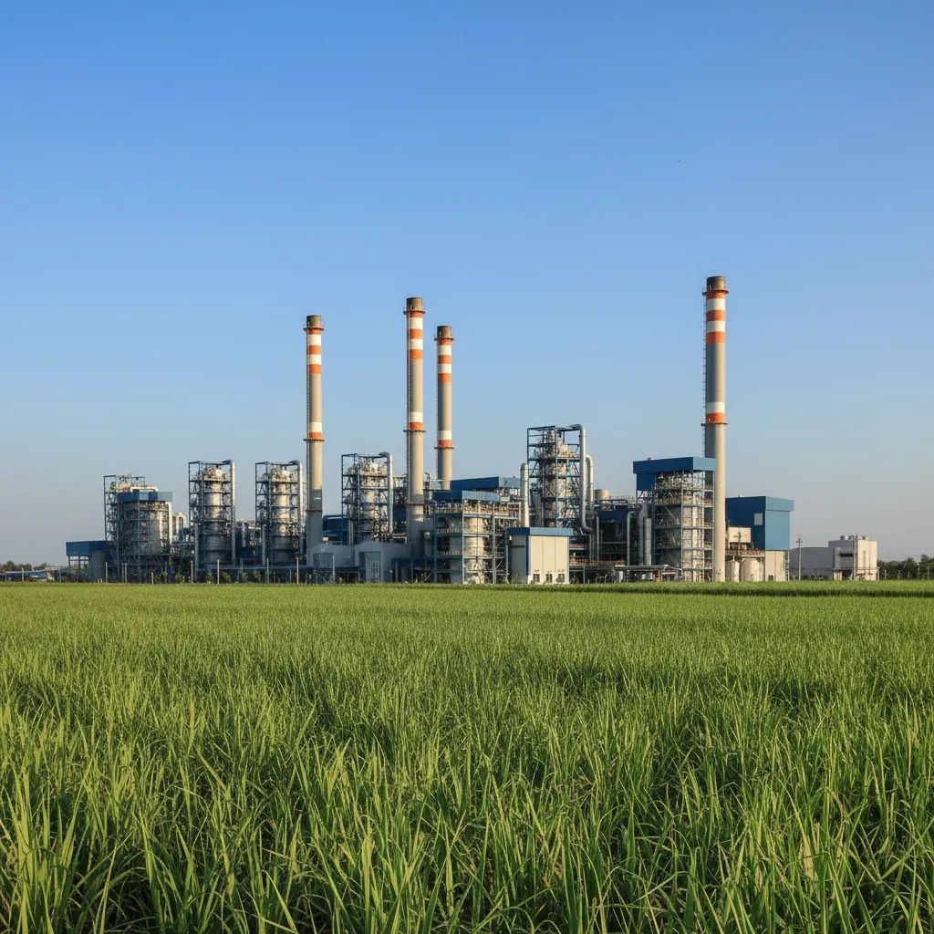 Multiple smokestacks at a Thai industrial plant under clear sky