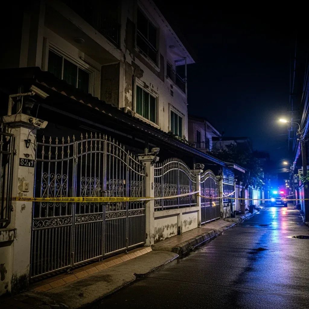 Three-storey villa in Pattaya with CCTV cameras and police tape at night outside hidden poker den