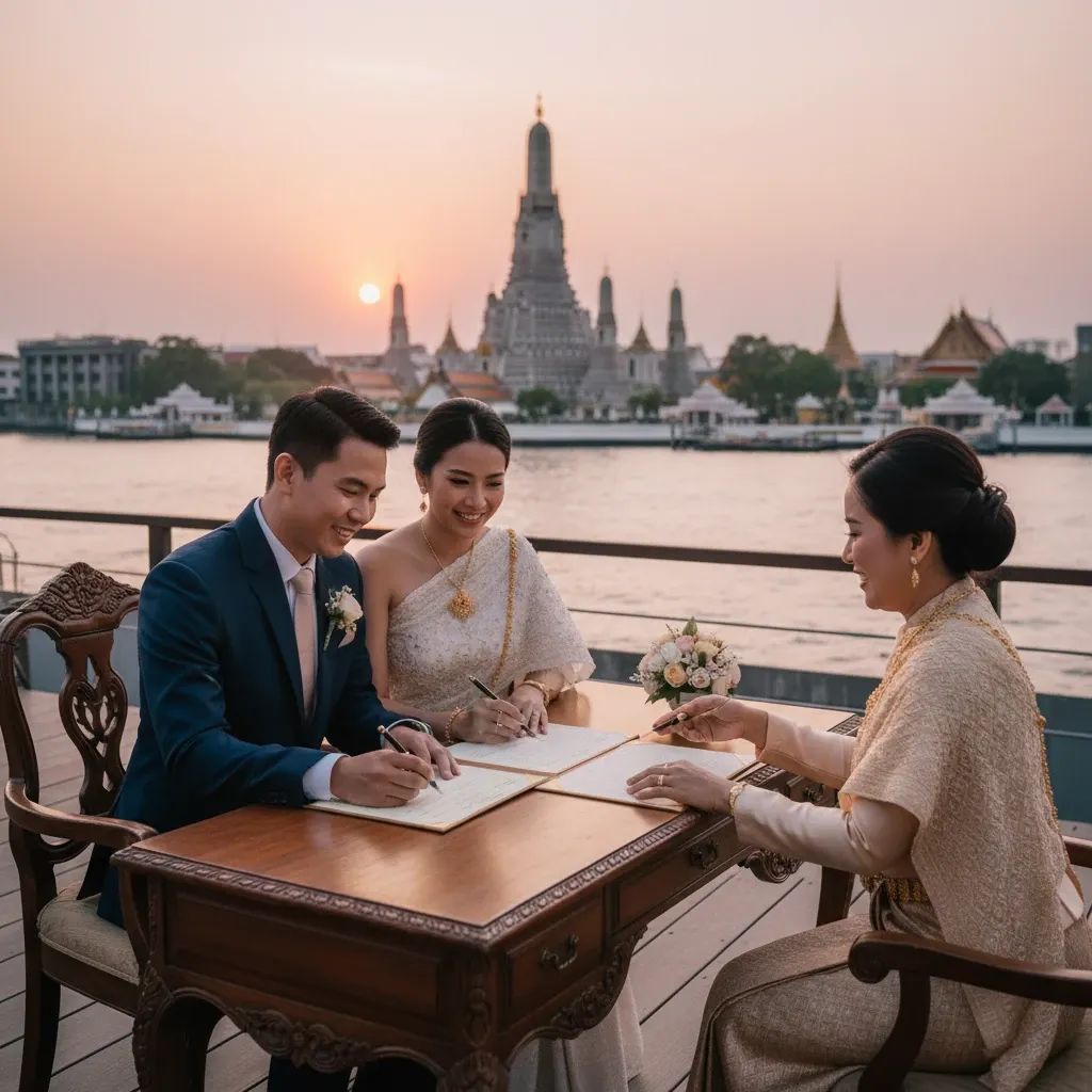 Couple legally wed at Bangkok riverside venue, registrar overseeing, gold certificate displayed, temple backdrop