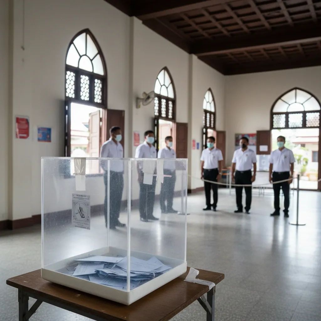 Transparent ballot box inside a Thai polling station as officials oversee voting process