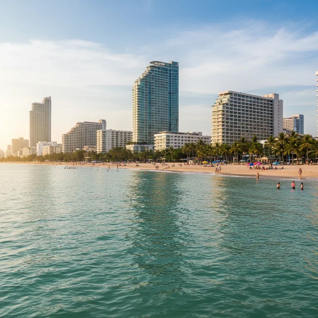 Pattaya waterfront featuring modern hotels and residential buildings with beach and sea in foreground
