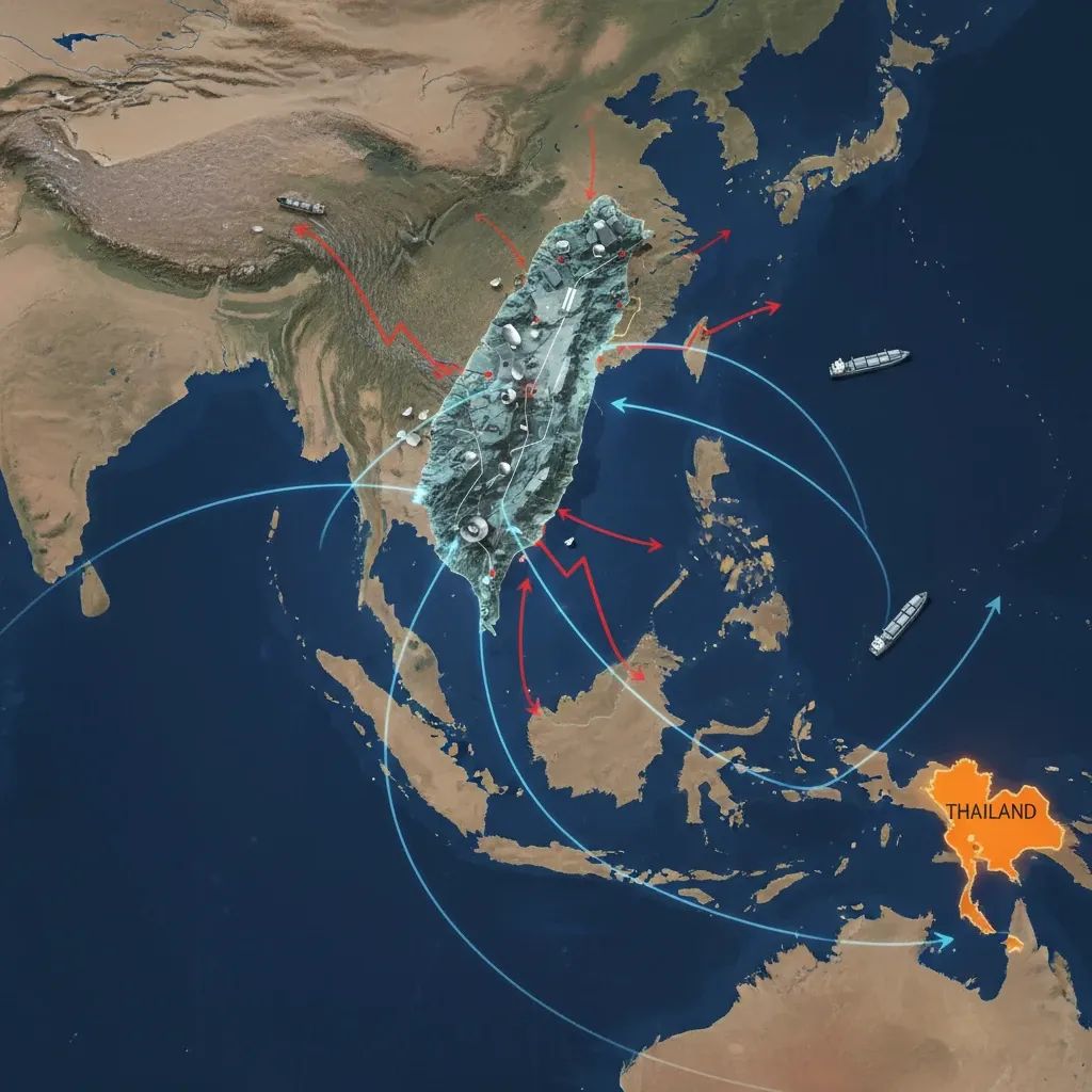 Strategic map showing Taiwan Strait trade routes critical to Thailand economy with military deployment indicators