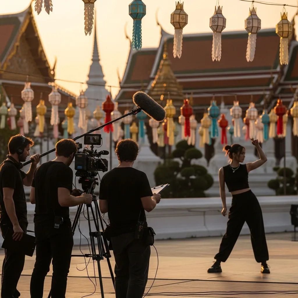 Film crew filming a silhouette of a pop artist against a Thai cultural landscape with lanterns