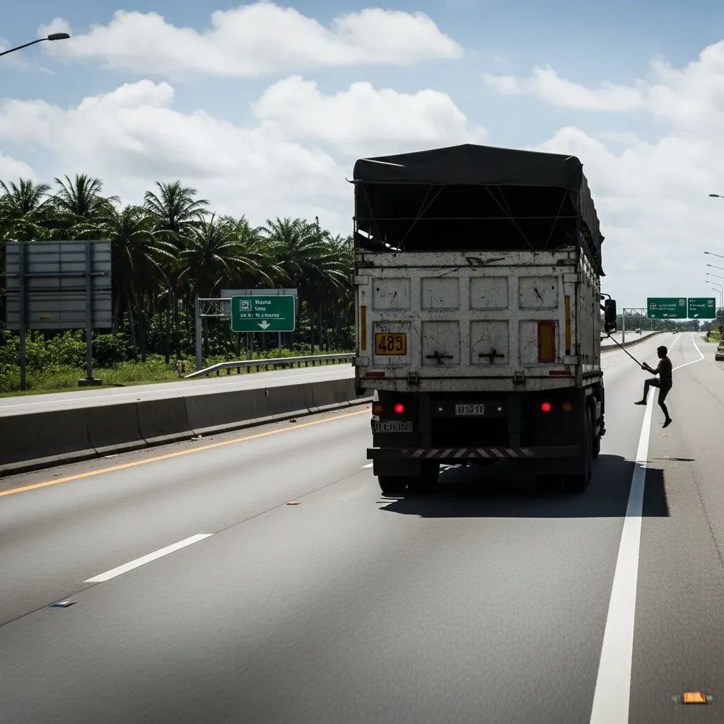 Cyclist clinging to the back of a cargo truck on Phuket’s Thepkrasattri Road