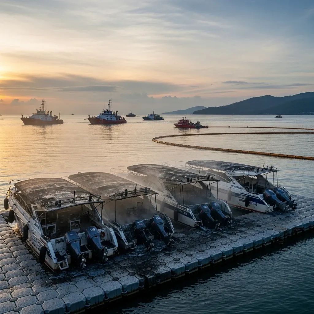 Burnt speedboat wreckage at Chalong Pier in Phuket with smoke and oil-boom barriers in the water