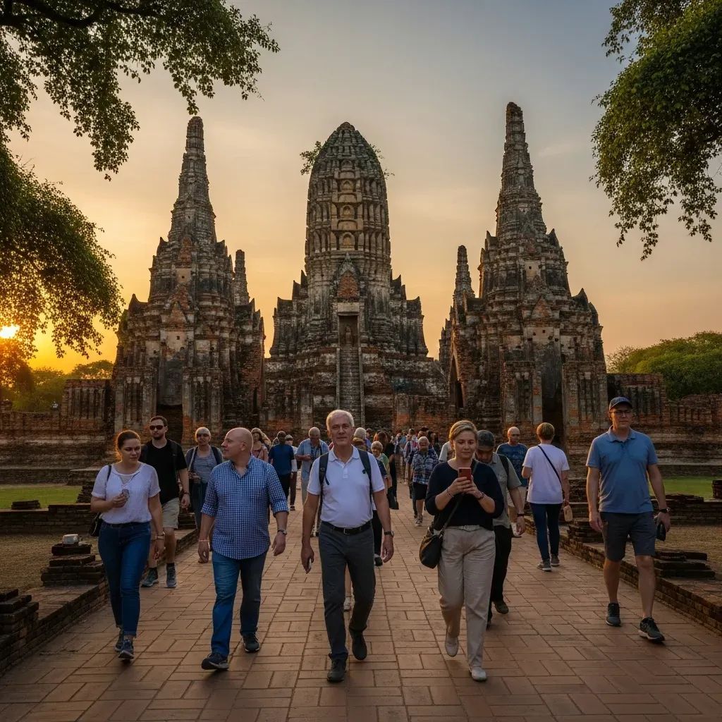 Group of tourists exploring ancient Thai temple ruins at sunset, symbolizing Thailand tourism growth