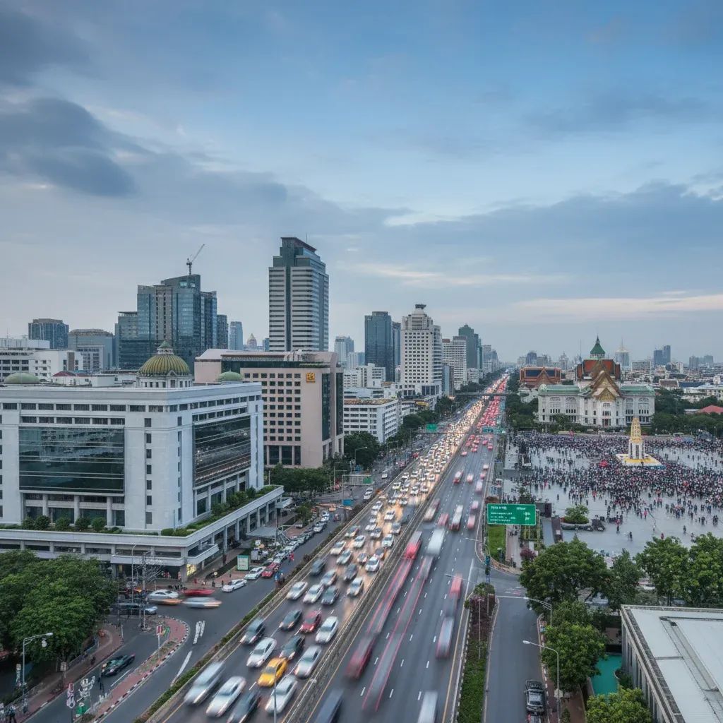 Bangkok cityscape with crowds gathered, representing political mobilization and public gatherings
