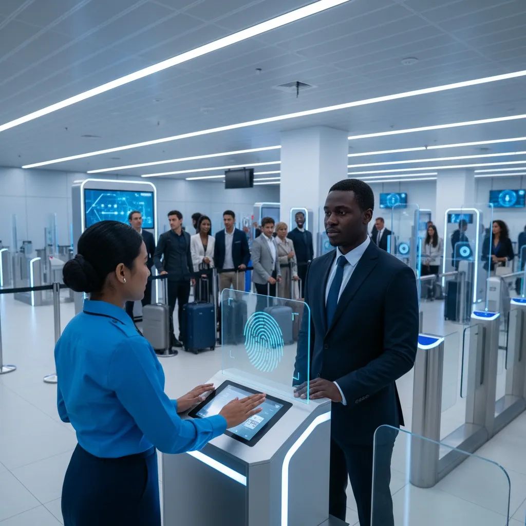 Immigration officer at Bangkok airport biometric screening station with facial recognition system