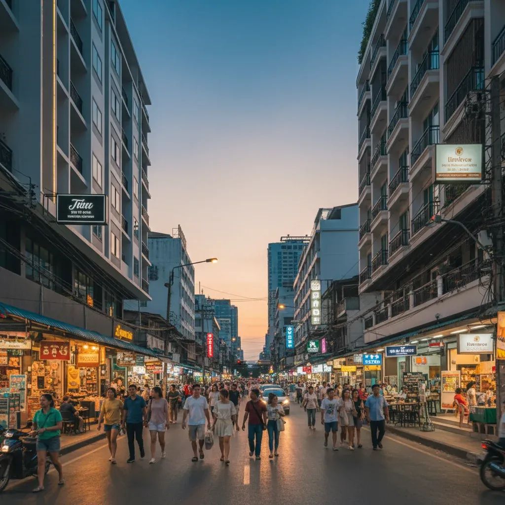 Thailand city street scene at dusk with restaurants and hotels in the Eastern Economic Corridor region