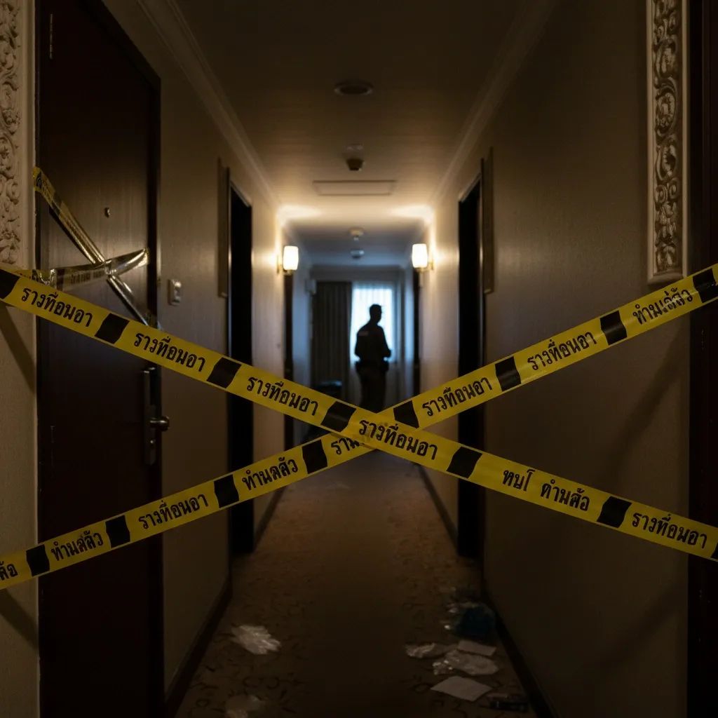 Thai police tape cordons off a Pattaya hotel room door after a crypto-ransom rescue raid