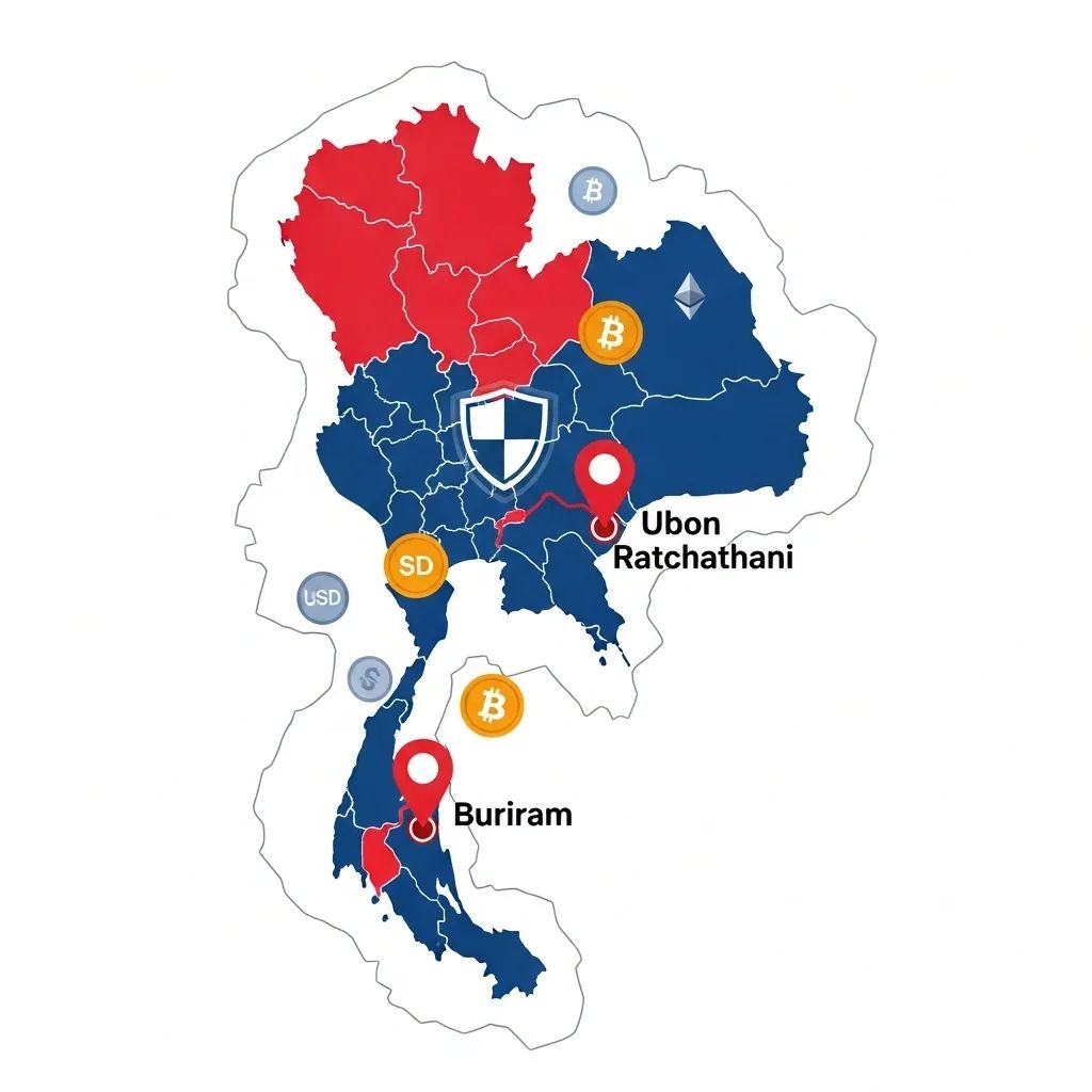 Infographic map of Thailand–Cambodia border with security and currency symbols