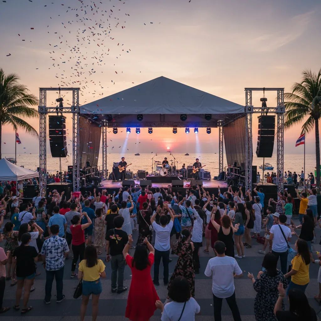 Concert stage on Pattaya beach with crowd enjoying live music performance at sunset