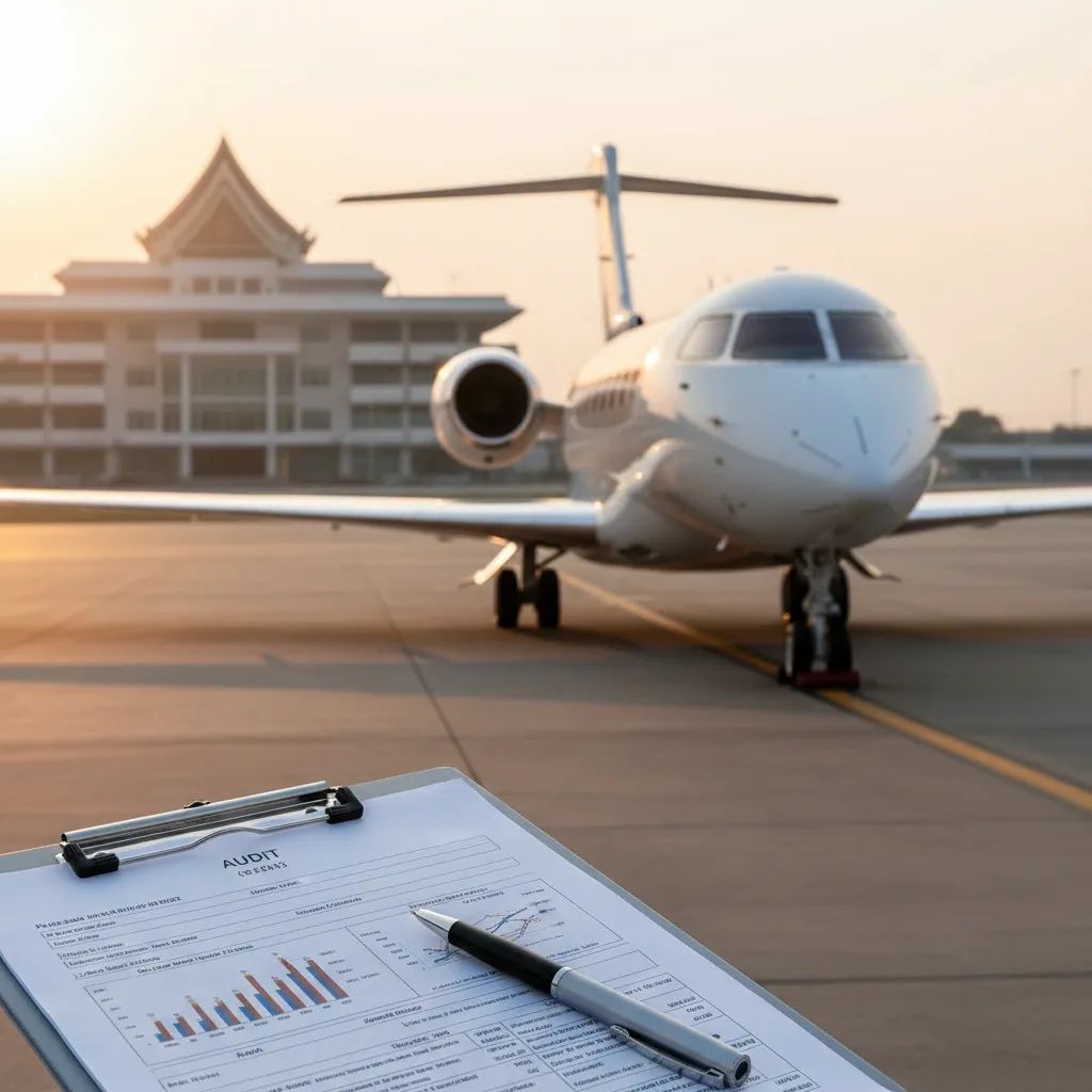 Luxury private jet on airport tarmac with a clipboard of documents in foreground