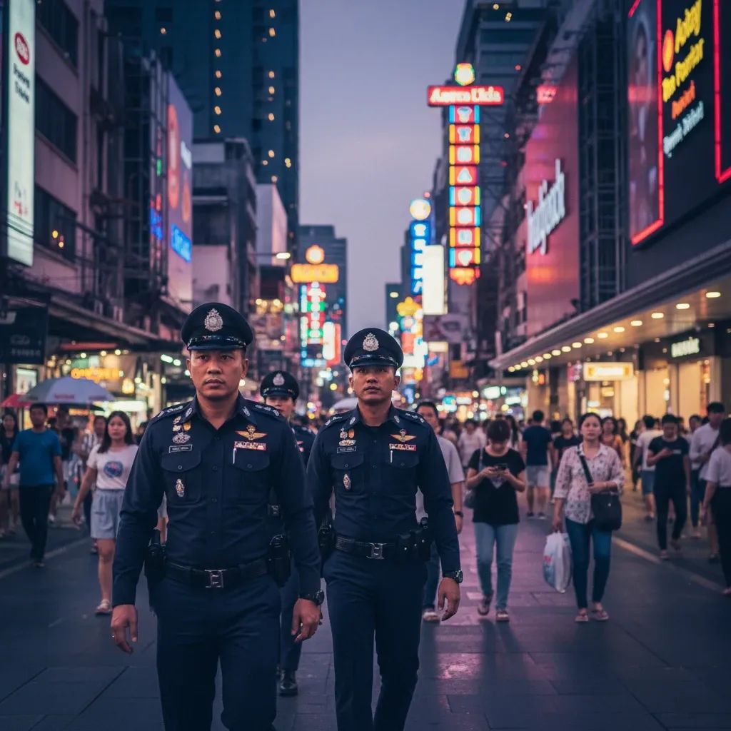 Thai police officers on patrol in a Bangkok entertainment district at night