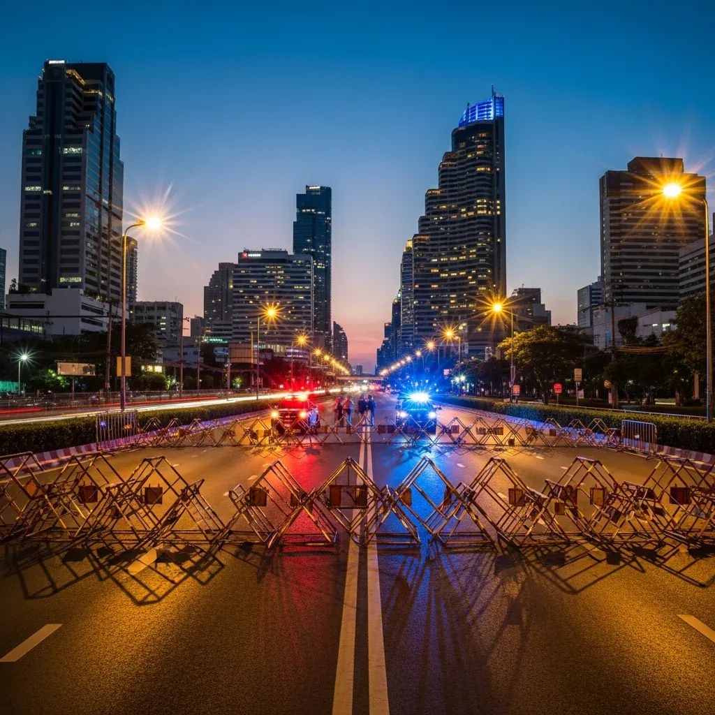 Police barricades blocking Ratchadamri Road near CentralWorld at dusk for New Year countdown