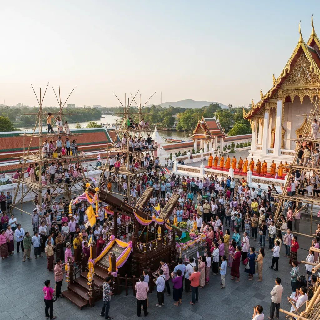 Spectators gather at Thai temple to watch Luk Noo rocket festival launching ceremony