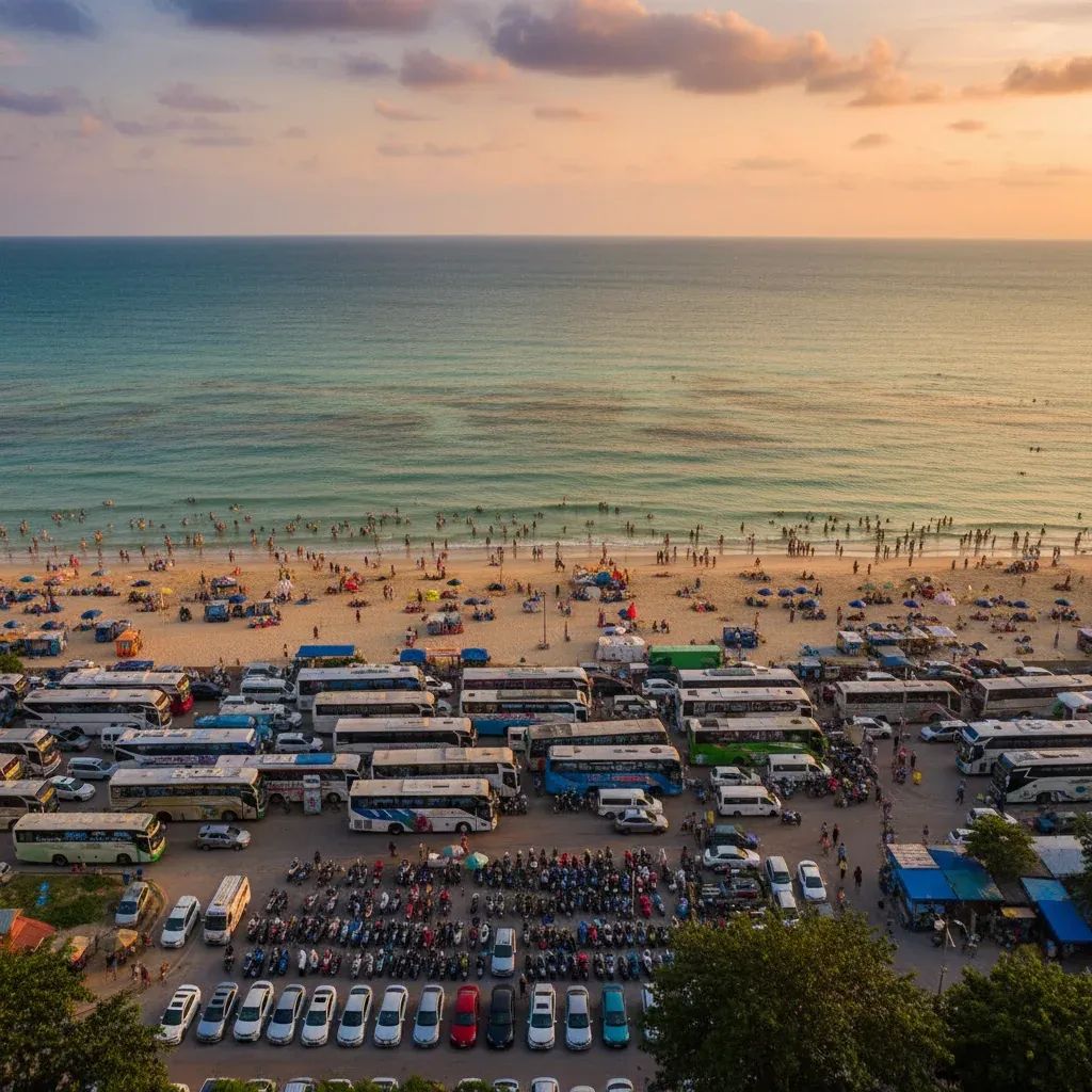 Aerial view of Wong Amat Beach showing crowded conditions with parked motorcycles and buses, demonstrating overtourism impact on Pattaya shoreline