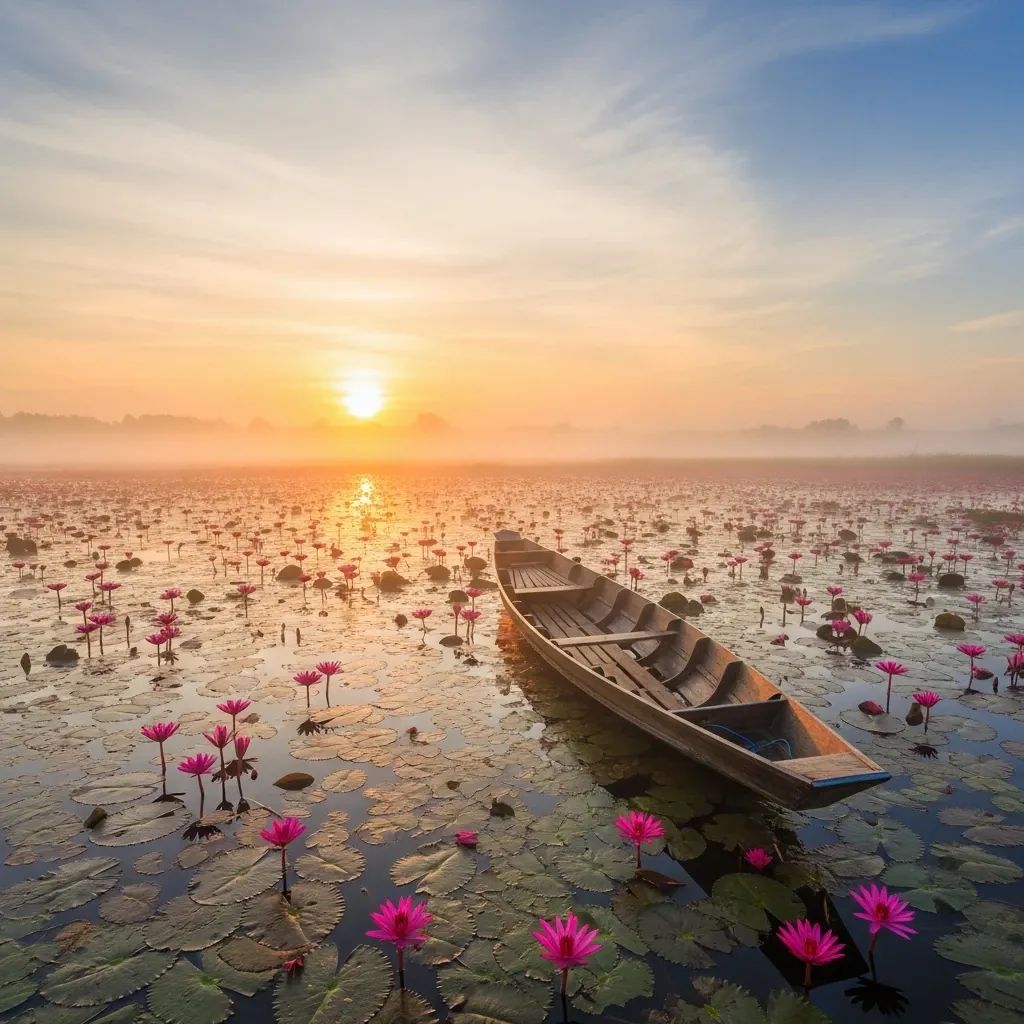 Teak boat drifting among pink lotus blooms at dawn on a misty Thai lake