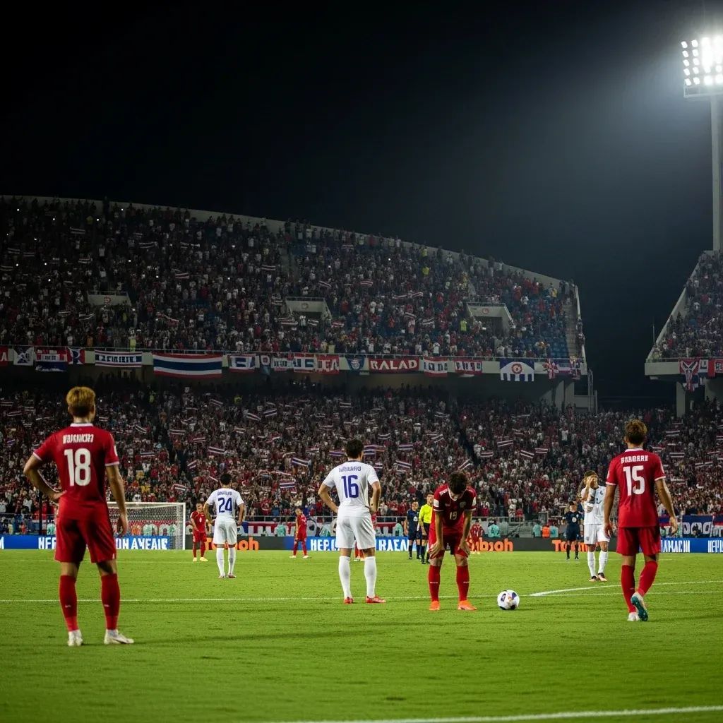 Wide-angle shot of Bangkok stadium football match with Thai players looking dejected and crowd in background