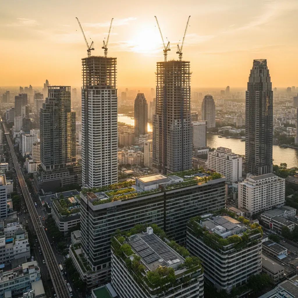 Aerial view of Bangkok’s skyline featuring green rooftop skyscrapers and construction cranes