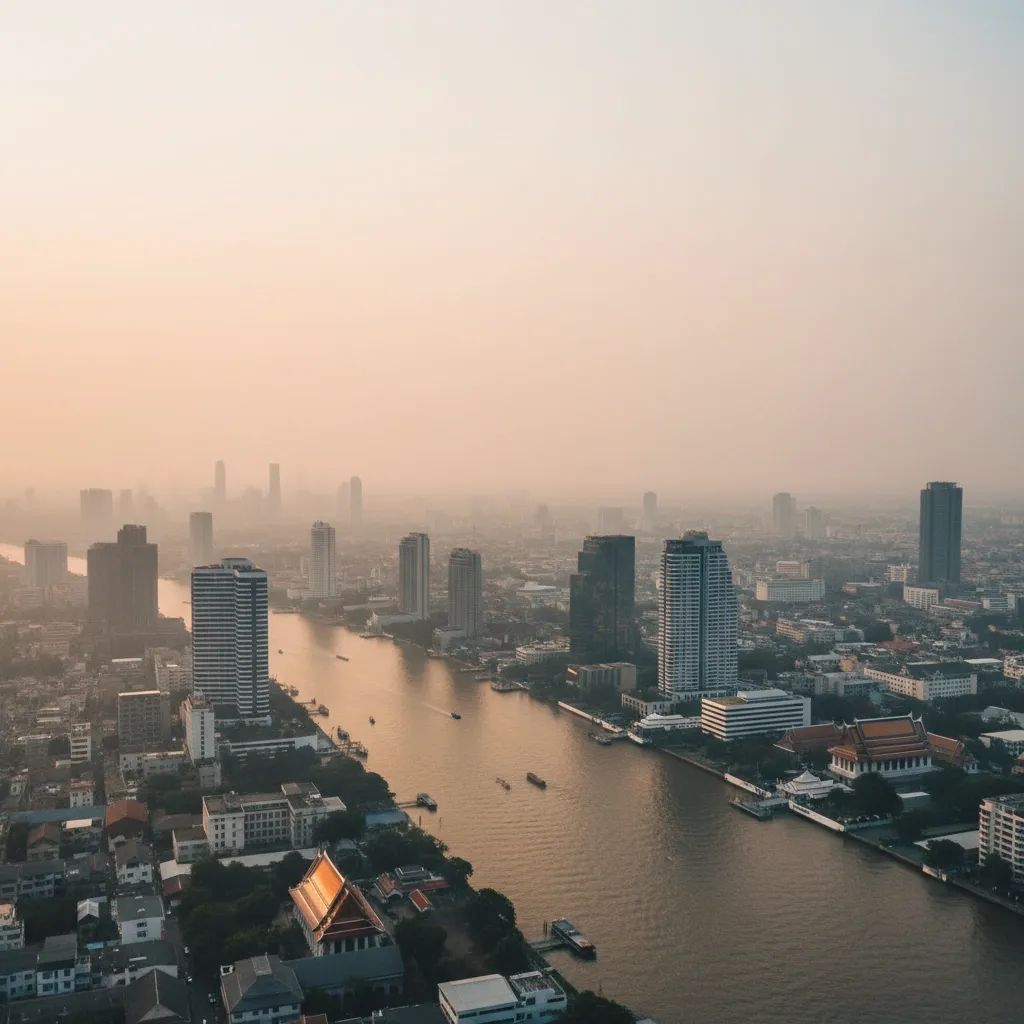 Bangkok skyline shrouded in orange-tinged haze, illustrating current PM2.5 pollution alert