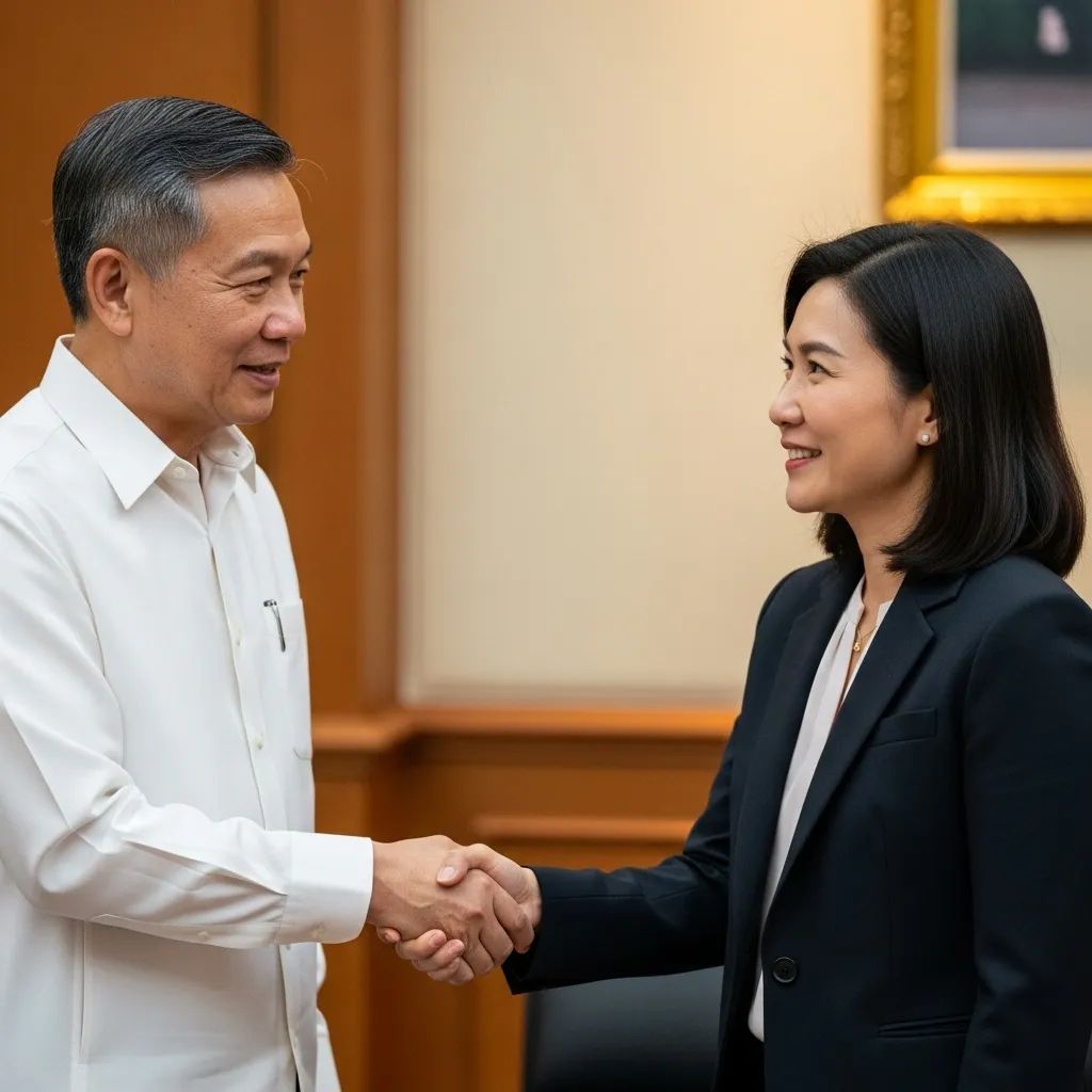 Two figures shaking hands in a Thai provincial government office interior