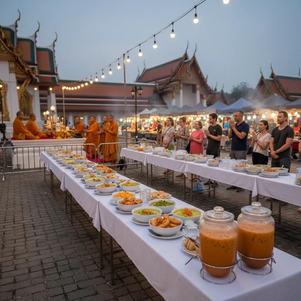 Tourists sampling food at a funeral wake night market in Khanom, Thailand