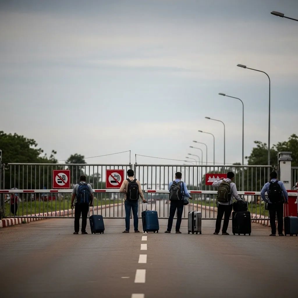 Travelers waiting outside a closed Cambodian–Thai border crossing gate with luggage