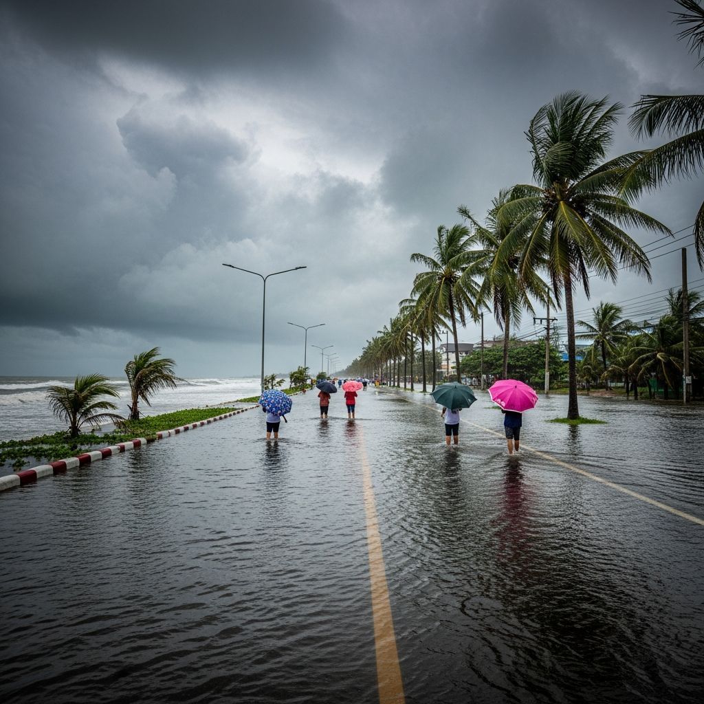 Flooded coastal road in southern Thailand under storm clouds with people wading through water