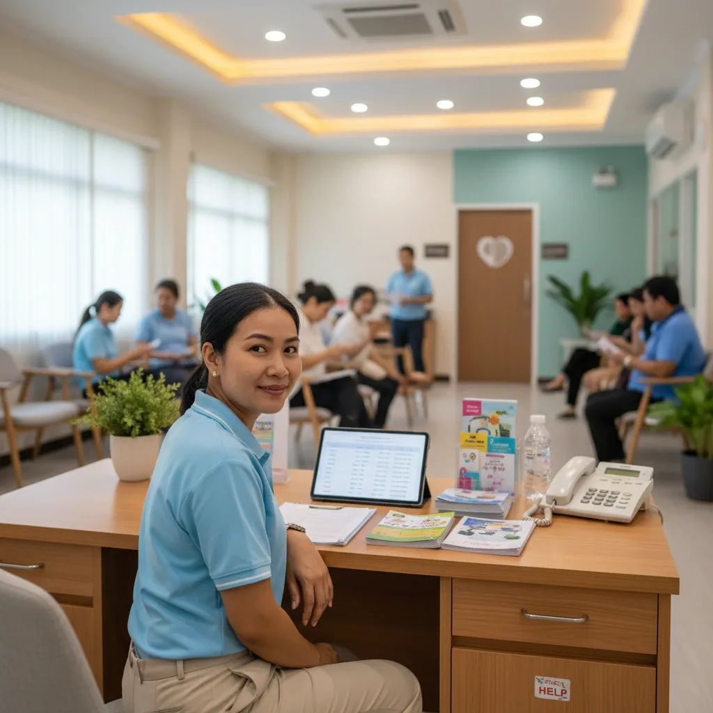 Mental health counselor in Thai community center with crisis hotline resources and support materials displayed