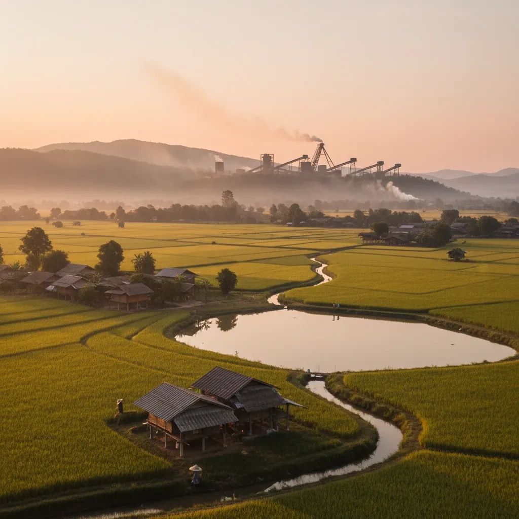 Rural northern Thailand agricultural village landscape with mining facility visible in distance