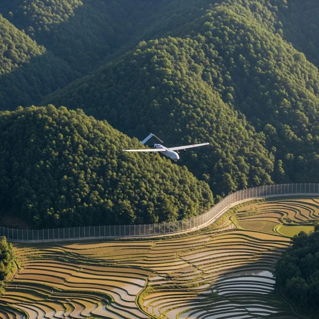 Reconaissance drone flying over forested hillside and border fence on the Thailand-Cambodia frontier