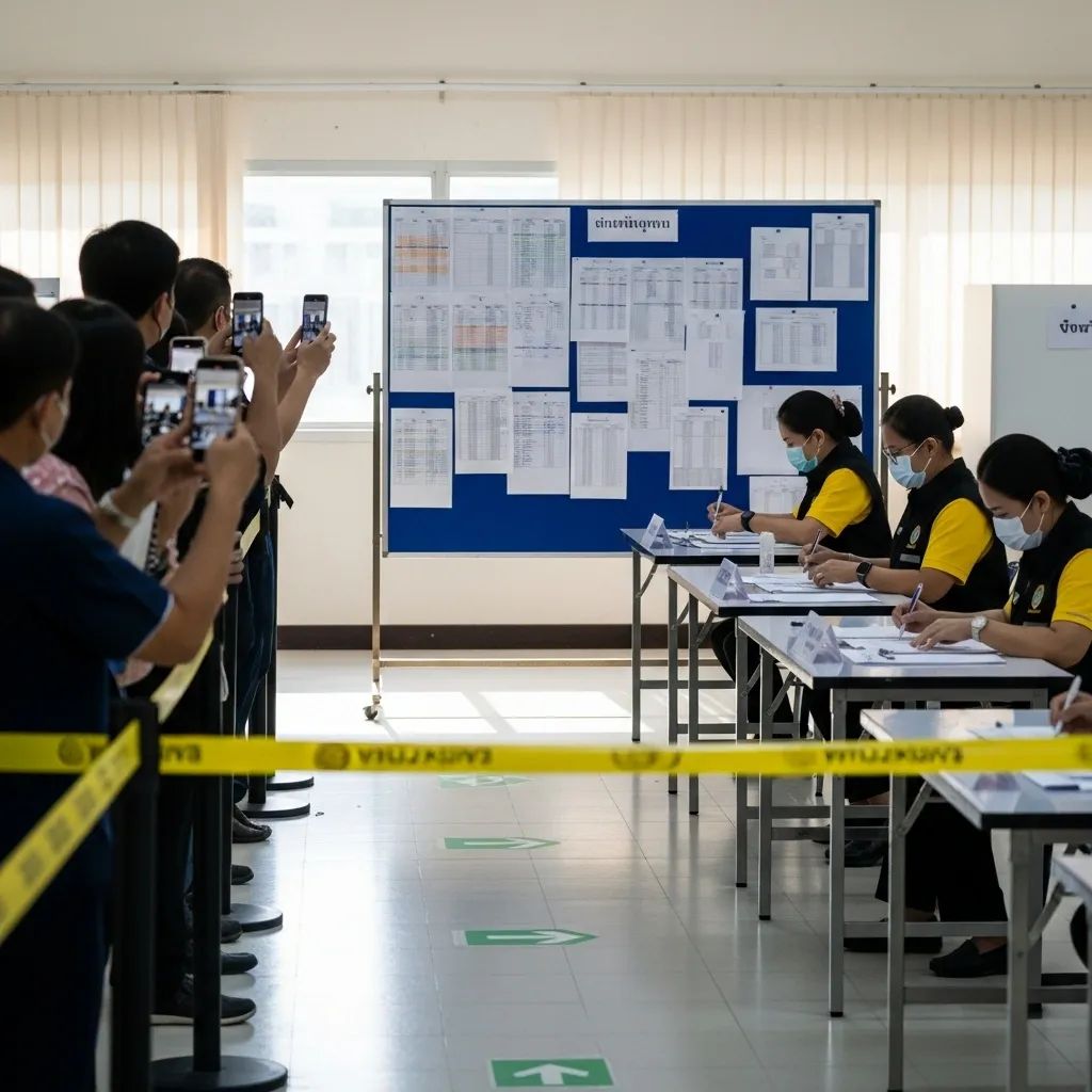 Voters taking photos of tally sheets posted at a Thai polling station for vote count transparency