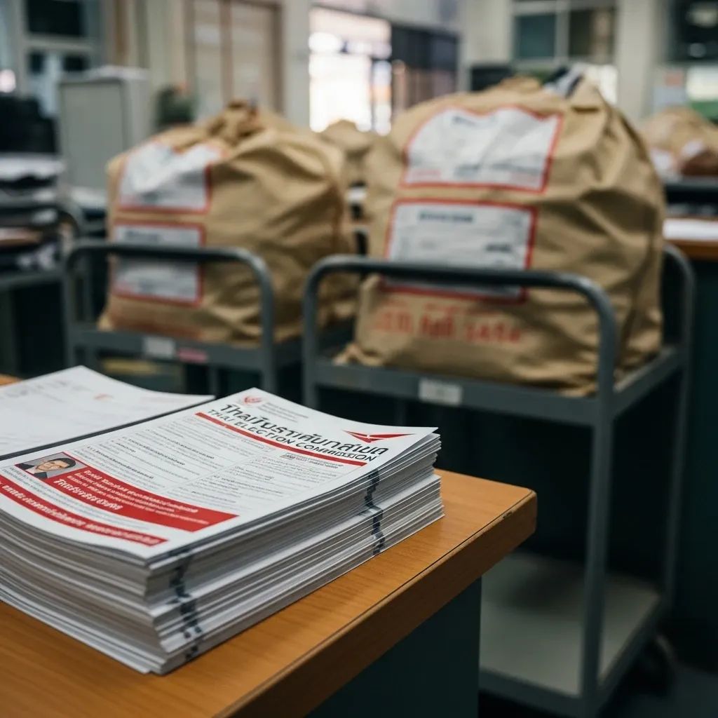 Stack of Election Commission referendum leaflets on a Thai post office desk with mailbags in the background