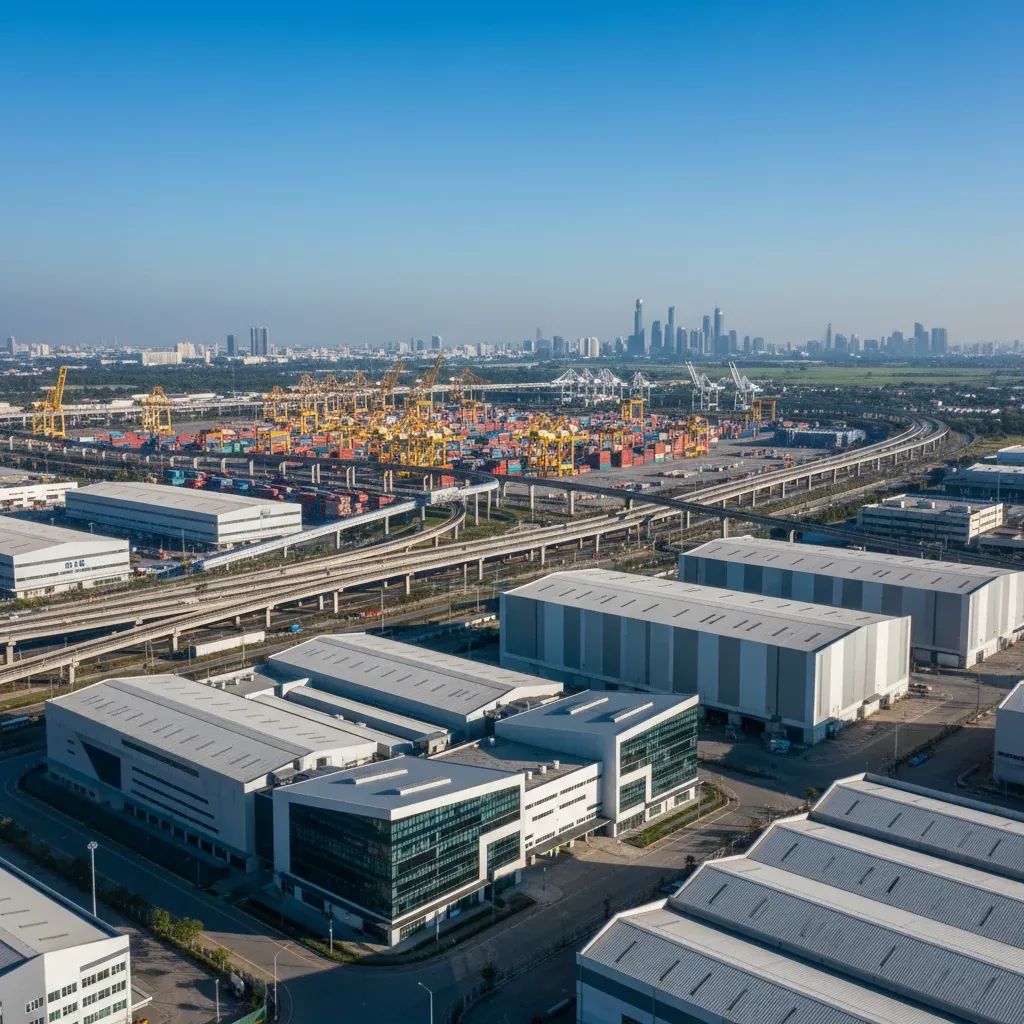 Thai industrial park with factory buildings and modern warehouses under blue sky