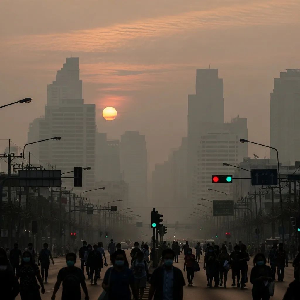 Densely smog-filled Bangkok skyline at sunrise with commuters wearing masks on the street