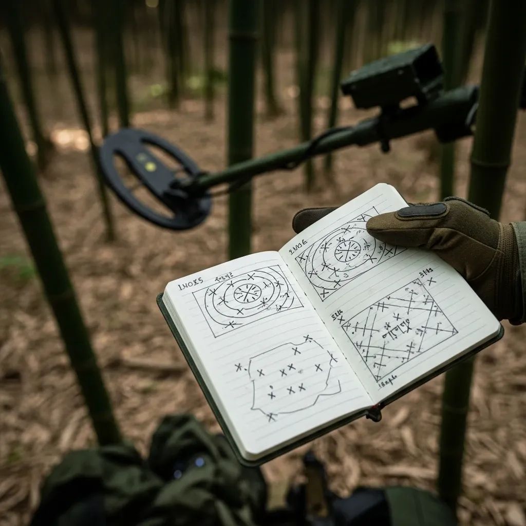 Gloved hand holding a field notebook with hand-drawn minefield sketches in a border forest