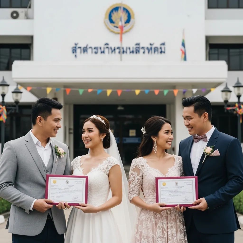 Two same-sex couples holding marriage certificates outside a Thai district office